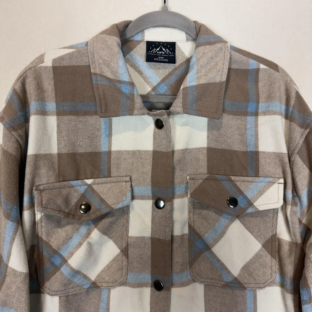 HFX Jacket Mens Medium‎ Brown Plaid Flannel Snap Front Pockets Outdoor Casual